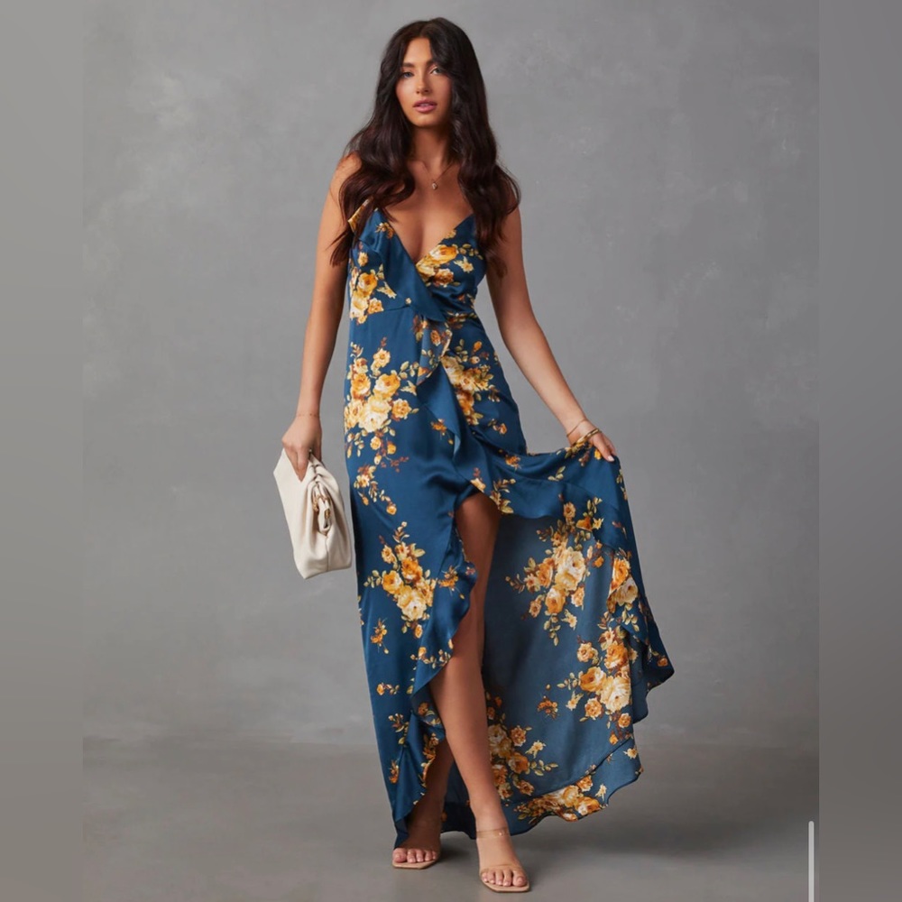 Dark Blue Capriccio Satin Floral Ruffle Maxi Dress